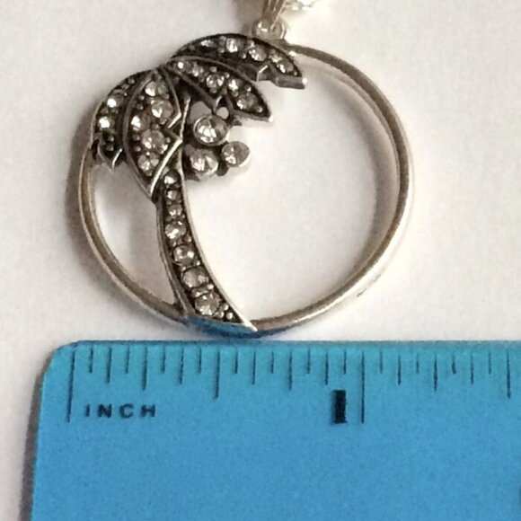Palm Tree Pendant Necklace Crystal Silver Plated 23" X-Long Chain Coconut Island - Picture 11 of 12